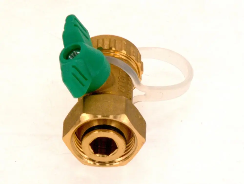 Bosch Ventil mit grünem Griff und plastischer Halterung, aus Messing, mit einem Anschlussgewinde an einer Seite und einem offenen Ende an der anderen.